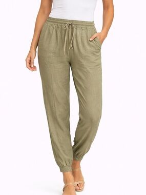 Linen Joggers Boho Granola Minimalist C&C California Khaki Olive Green Small